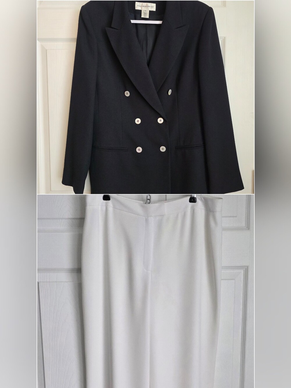Jones New York Suit Set Navy Double Breasted Blazer & White Lined Pants Size 14